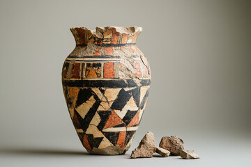 A partially reconstructed ancient vase, showing both restored and original fragments.