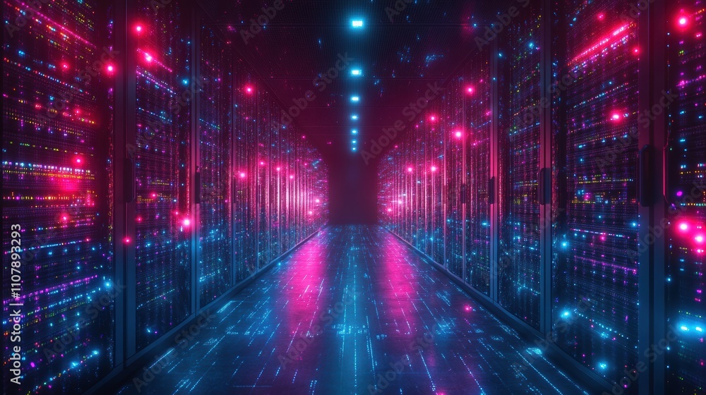 Poster loop animation of sever racks and data center 3d rendering