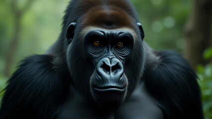 Obraz premium A close-up of a gorilla’s face, with piercing eyes and strong jawline. The muscular body fades into the background, highlighting its powerful presence and soulful expression.
