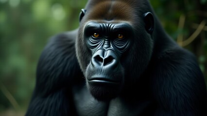 Obraz premium A close-up of a gorilla’s face, with piercing eyes and strong jawline. The muscular body fades into the background, highlighting its powerful presence and soulful expression.