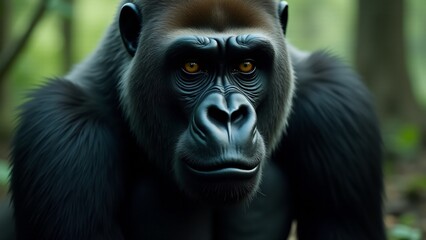 Obraz premium A close-up of a gorilla’s face, with piercing eyes and strong jawline. The muscular body fades into the background, highlighting its powerful presence and soulful expression.
