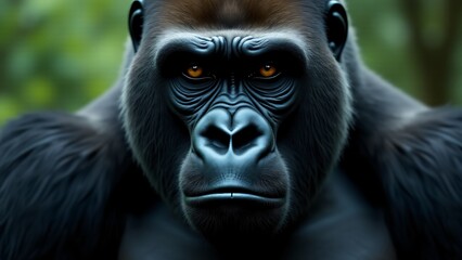 Obraz premium A close-up of a gorilla’s face, with piercing eyes and strong jawline. The muscular body fades into the background, highlighting its powerful presence and soulful expression.