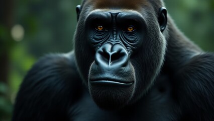 Obraz premium A close-up of a gorilla’s face, with piercing eyes and strong jawline. The muscular body fades into the background, highlighting its powerful presence and soulful expression.
