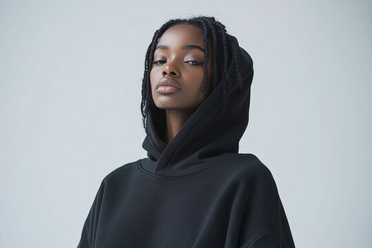 An african american female model wearing a black oversized designer hoodie, standing against a clean white backdrop.