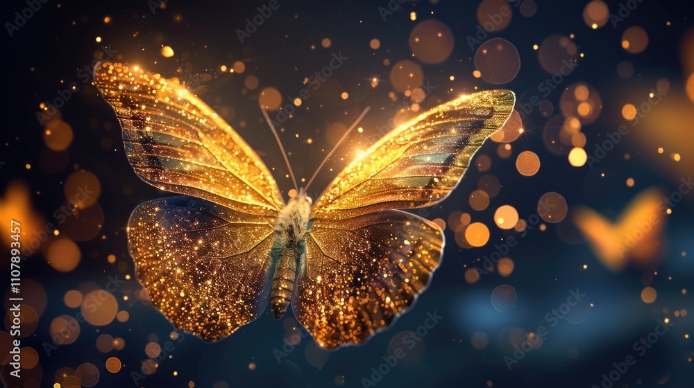 Poster a golden butterfly with sparkling wings on a dark background, perfect for use in designs where light