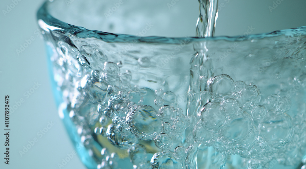 Poster Captivating bubbles rise in clear water as it fills a glass container in soft lighting