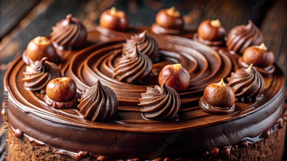 Poster a close-up view of a rich chocolate cake decorated with swirls of chocolate frosting and toasted haz