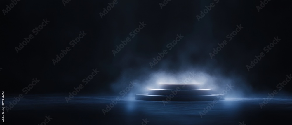 Poster dark and mysterious scene with a stage in the center. the stage is made up of three tiers, each with