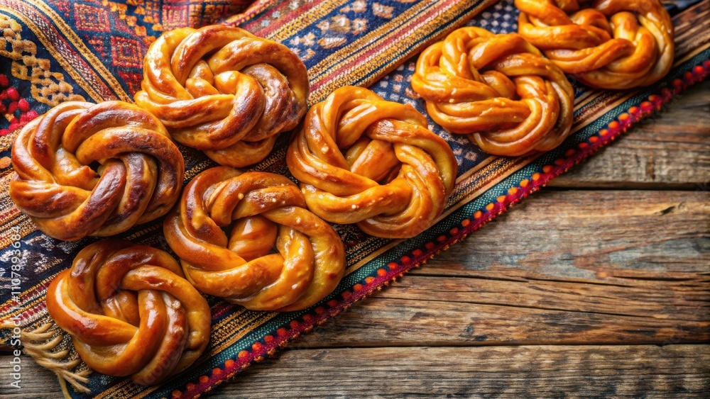 Poster golden-brown, knot-shaped pastries arranged on a colorful patterned fabric, resting on a rustic wood