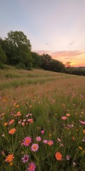 Fototapeta premium Sunset over lush meadow fields with colorful hues of orange and pink, fields