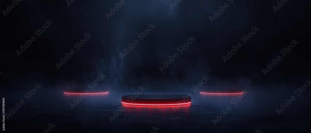 Poster three circular lights in the middle of a dark room. the lights are arranged in a triangular formatio