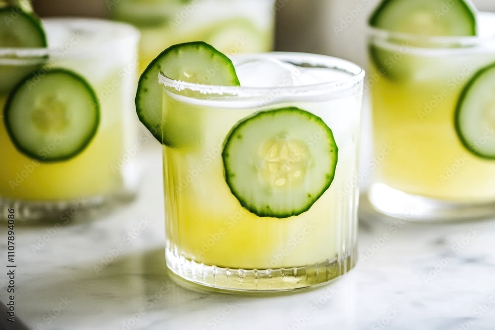 Poster a refreshing beverage garnished with fresh cucumber slices