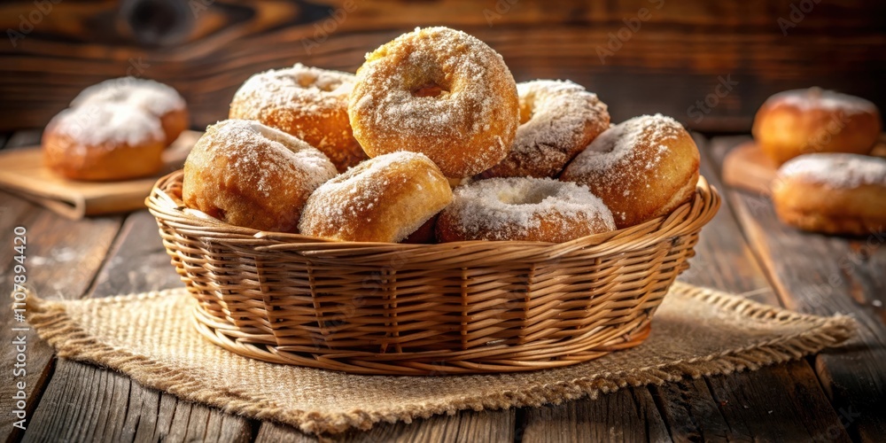 Poster a wicker basket overflowing with freshly baked donuts dusted with powdered sugar, resting on a rusti
