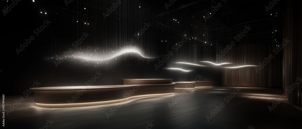 Aufkleber empty room with a long wooden bench in the center. the bench is curved and has a modern design with 