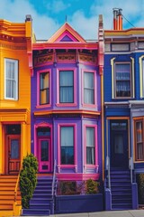 Fototapeta premium Colorful buildings lining the urban street, potential for use in cityscape or architecture themed projects