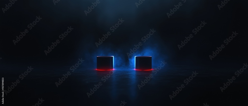 Poster two cylindrical objects, possibly speakers, placed on a dark surface. the objects are lit up with re