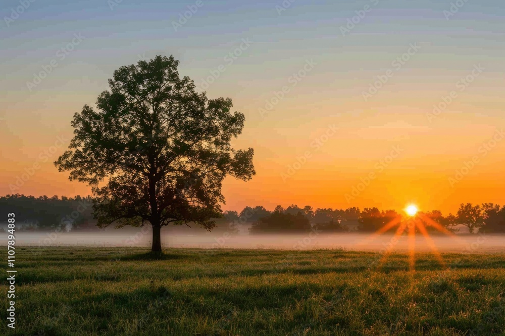 Poster a single tree stands tall in a field as the sun sets, creating a warm and peaceful atmosphere