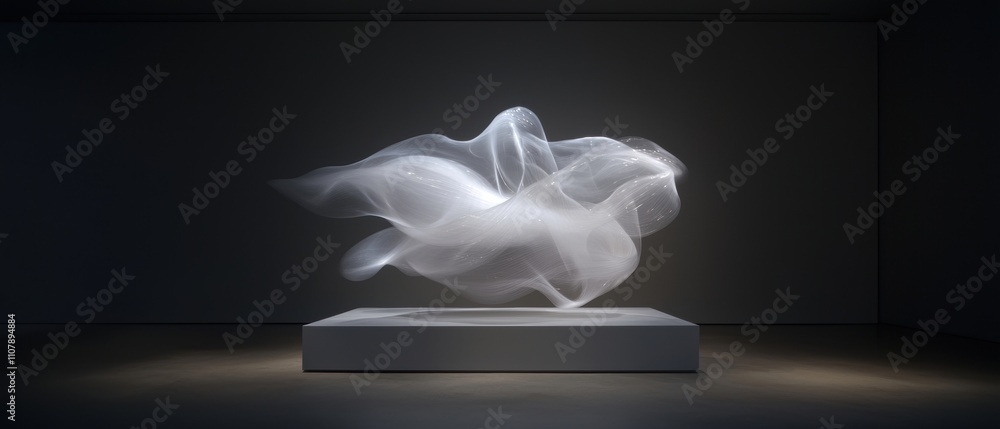 Aufkleber photograph of an abstract sculpture on a white pedestal in a dark room. the sculpture is made up of 