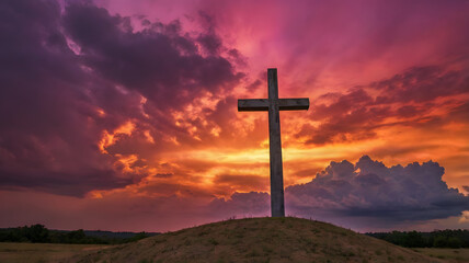 A cross is in a field of pink flowers. The sun is setting in the background. The scene is peaceful and serene