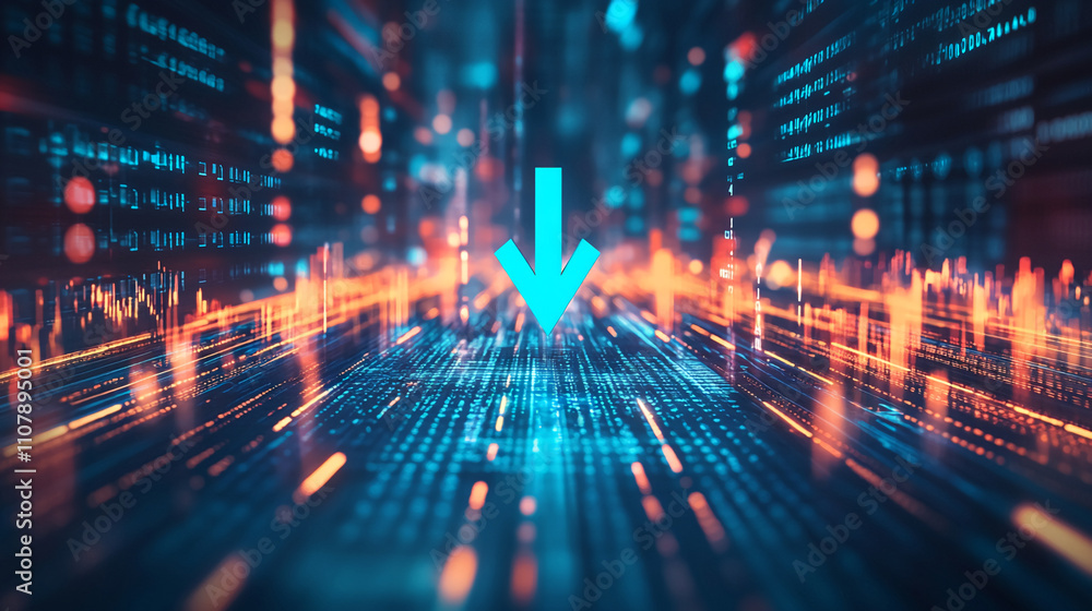 Fototapete Digital data flow with glowing elements and downward arrow in a futuristic environment