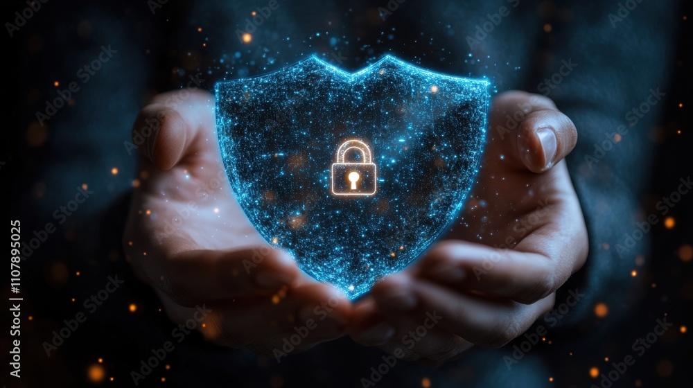 Poster man holding virtual icon shield with a lock symbol concept about security cybersecurity and protecti