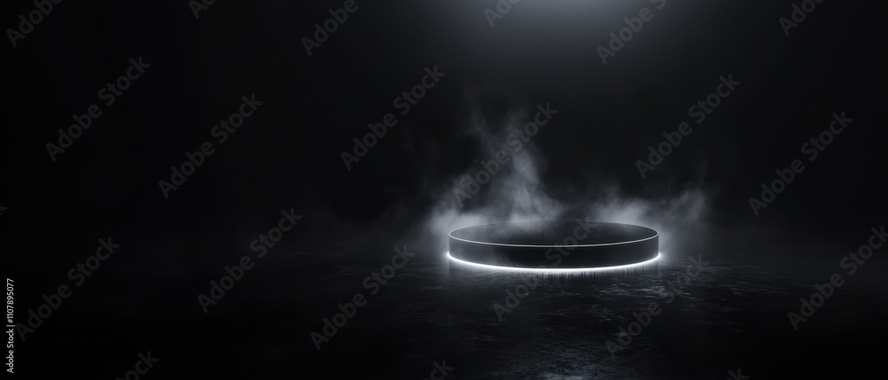 Poster black and white photograph of a circular object in the center of a dark room. the object appears to 