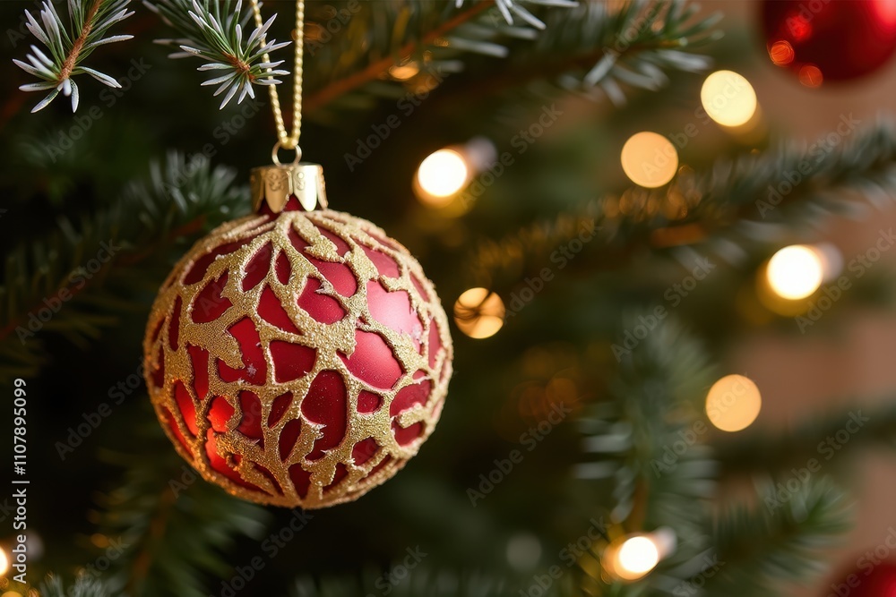 Poster beautiful macro shot of a red and gold ornament hanging on a christmas tree, showcasing intricate pa