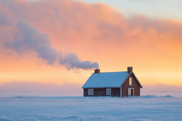 Solitary cabin in snowy field at sunrise, smoke curling from chimney.