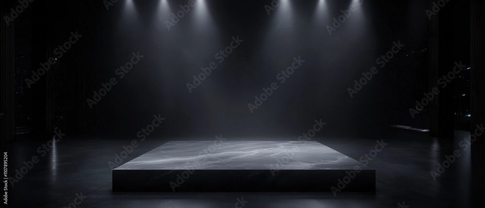 Poster empty stage with a rectangular platform in the center. the platform is made of marble-like material 