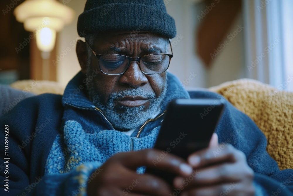 Aufkleber a person sitting on a couch with a cell phone, possibly checking messages or browsing