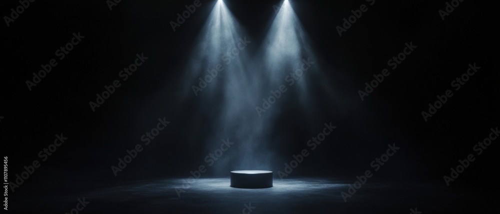 Poster stage with a black background. in the center of the image, there is a round platform with a white li