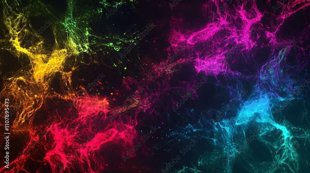 Poster vibrant neuron network with electrical impulses showcasing colorful synaptic activity in a dynamic d