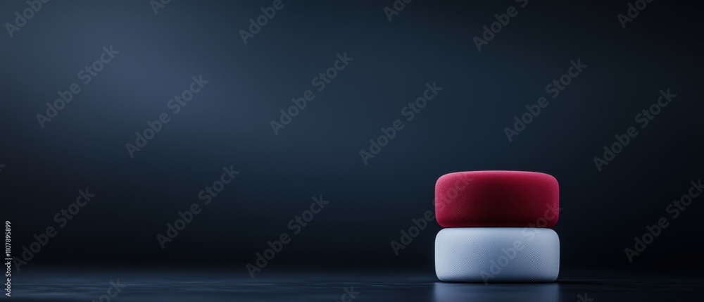 Poster small, cylindrical object with a red top and a white base. the object is placed on a dark, floor-lik