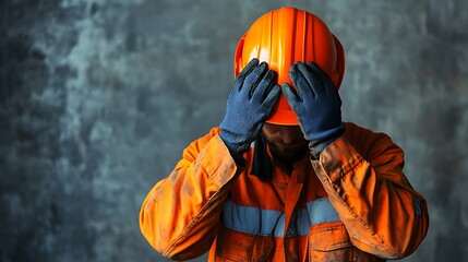 Worker showing signs of stress without proper safety gear in construction environment