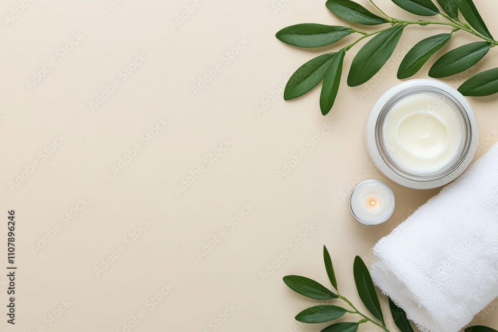 Poster wellness products creating calming atmosphere on beige background