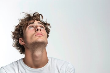 Fototapeta premium A person with curly hair gazing upwards, possibly in contemplation or wonder