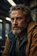 Obraz premium Grizzled man with weathered face and long hair, gazing intensely. The setting suggests a railroad or industrial location. Ideal for storytelling, character design, and gritty realism projects.