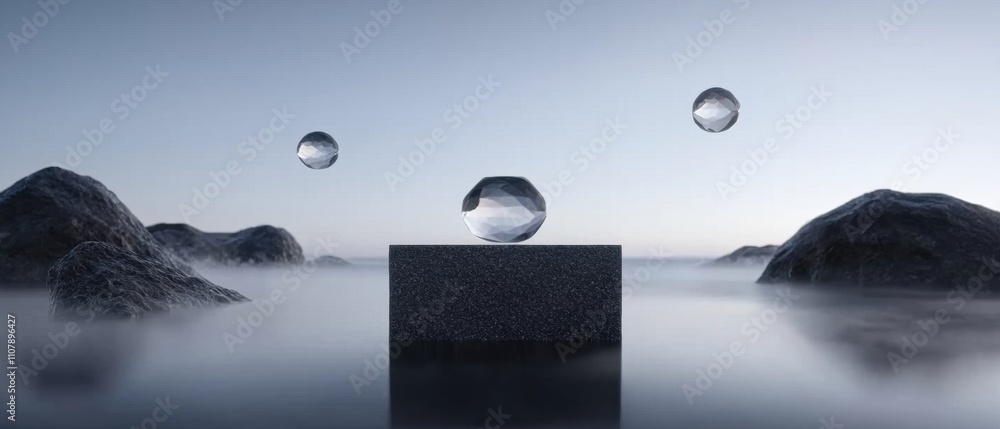Poster black square-shaped object in the middle of a body of water. the object appears to be made of a shin
