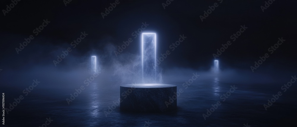 Poster dark and mysterious scene with a tall, cylindrical structure in the center. the structure appears to