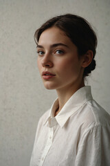 Fototapeta premium Close-up portrait of a young person with a calm expression, wearing a simple white shirt. A minimalist and serene image, perfect for beauty, fashion, and portrait photography projects.