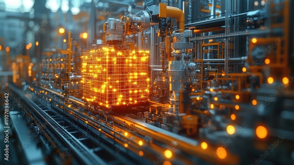 Poster mechanical arm and industry container 3d rendering