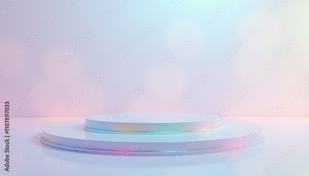 Poster minimalist pastel podium with soft pink and blue lighting, holographic empty showcase platform for p