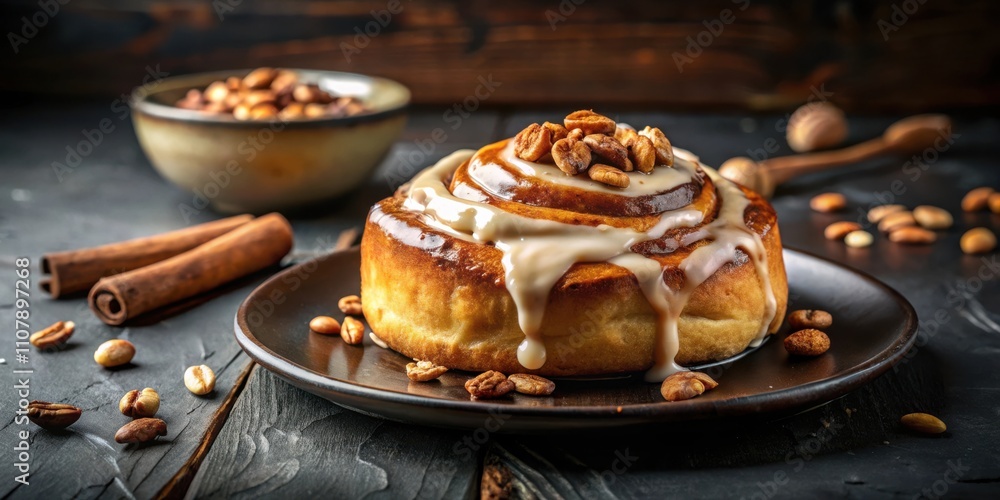 Poster A single, freshly baked cinnamon roll with a generous drizzle of icing, nestled on a dark brown plate, surrounded by scattered nuts and cinnamon sticks, creating a tempting and aromatic scene.
