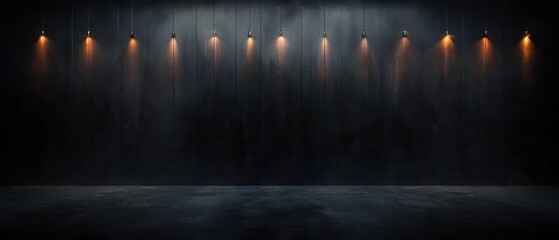 Naklejka premium Empty room with a dark background. the floor is made of concrete and the walls are made of dark wood. the room is dimly lit, creating a moody atmosphere.