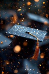 Naklejka premium Graduation caps are thrown into the air, surrounded by gold ribbons and confetti, perfect for celebrating academic achievements, creating a sense of joy and pride at this important moment in life.