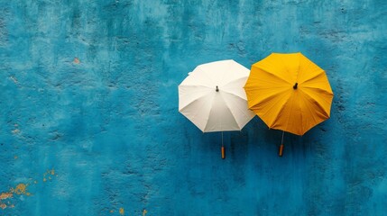 Umbrellas Against Blue Wall