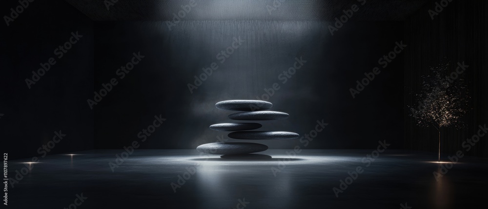 Poster dark room with a stack of black stones in the center. the stones are arranged in a pyramid-like shap