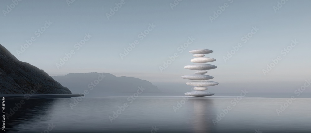 Poster stack of white pebbles arranged in a pyramid-like structure on the edge of a body of water. the ston