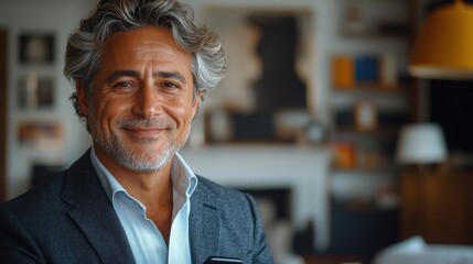 Fototapeta premium A smiling man in a smart outfit, holding a phone in a stylish, cozy interior.