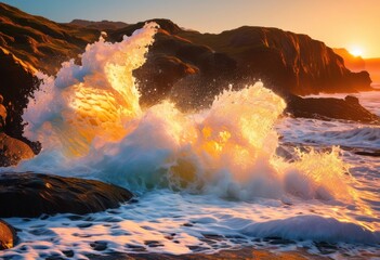 Fototapeta premium dynamic ocean waves beautifully capturing raw energy motion vivid coastal landscape, aerial, sea, water, shore, sunset, splashes, surface, foam, current